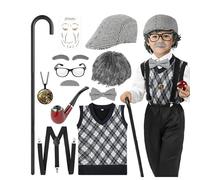 Nlaayong Set di Costume Vecchio Bambino, 10pz Costume da Nonno per Bambini Costume per il 100esimo Giorno di Scuola per Ragazzi con Cappello Papillon Gilet Bretelle Occhiali