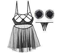 NLAND Biancheria Delle Donne Mesh Halter e Minigonna da Lingerie Donna Camicia da Notte Trasparente Intima da Notte Pizzo Aperto Hollow Halter Babydoll(Nero,XL)