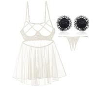 NLAND Biancheria delle Donne Mesh Halter e Minigonna da Lingerie Donna Camicia da Notte Trasparente Intima da Notte Pizzo Aperto Hollow Halter Babydoll(Bianco,XL)