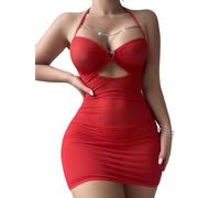 NLAND Camicie da Notte Lingerie da Donna Sexy Babydoll in Rete Trasparente Camicie Notte Halter Mini Abiti Dettagli Catena，Rosso