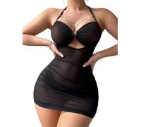 NLAND Camicie da Notte Lingerie da Donna Sexy Babydoll in Rete Trasparente Camicie Notte Halter Mini Abiti Dettagli Catena，Nero