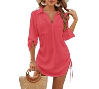 NLAND Copricostume Donna Mare Camicia Lunga Estiva Scollo a V Copri Costume da Spiaggia Sciolti Abito da Spiaggia Casual Bikini Cover Up Regolabile Copribikini(Rosa,Taglia Unica)