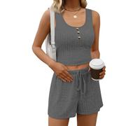 NLAND Tuta Completo Donna Estiva Corto 2 Pezzi Casual da Donna Tuta Sportiva Tinta Unita a Coste Canottiere Senza Maniche e Pantaloncini Vita Alta,Grigio Scuro L