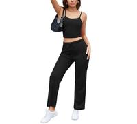 NLAND Tuta Sportiva da Donna Elegante Casual Completo Estiva Due Pezzi Canotta Senza Maniche e Pantaloni Lunghi con Coulisse Comodo Pigiama Set per Casa Yoga Fitness(Nero,L)