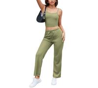 NLAND Tuta Sportiva da Donna Elegante Casual Completo Estiva Due Pezzi Canotta Senza Maniche e Pantaloni Lunghi con Coulisse Comodo Pigiama Set per Casa Yoga Fitness(Verde,S)