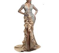 NLAVW Abiti da Sera da Donna Lunghi Aderenti con Volant Abito Formale con Spacco Laterale con Glitter Abiti da Ballo per Feste Abiti Eleganti Abiti maturi,Argento,M