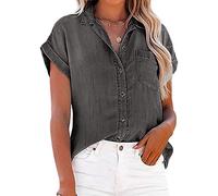 NLAVW Camicia da Donna Estiva abbottonata in Denim Camicie Casual a Maniche Corte Top Camicette da Giacca di Jeans Larghe Camicetta a Tunica Aderente,Grigio,XL