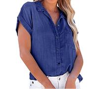 NLAVW Camicia da Donna Estiva abbottonata in Denim Camicie Casual a Maniche Corte Top Camicette da Giacca di Jeans Larghe Camicetta a Tunica Aderente,Dark Blue,M