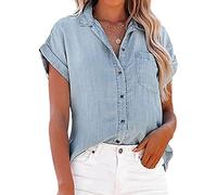 NLAVW Camicia da Donna Estiva abbottonata in Denim Camicie Casual a Maniche Corte Top Camicette da Giacca di Jeans Larghe Camicetta a Tunica Aderente,Light Blue,XL
