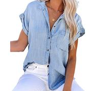NLAVW Camicia da Donna Estiva abbottonata in Denim Camicie Casual a Maniche Corte Top Camicette da Giacca di Jeans Larghe Camicetta a Tunica Aderente,Blu,L