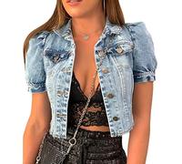 NLAVW Giacca di Jeans a Maniche Corte da Donna Giacca di Jeans Casual Tinta Unita Capispalla Giacca Corta Vintage,Blu,XL