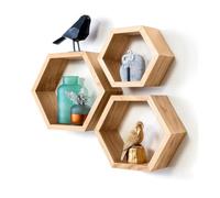 NLDGR Set di 5 Mensole Sospese Ottagonali in Legno Rustico Montate a Parete, Espositore per Mensole Esagonali in Legno per Foto, Piante