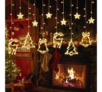 NLMWTI Tenda Luminosa Natale con 12 Stelle LED, 8 Modalità Catena Luminosa Stella Impermeabile, 138 LED Alberi di Natale Alce Campane Luci Tenda, IP44 per La Balcone,Finestra,Giardino Decorazioni Nata