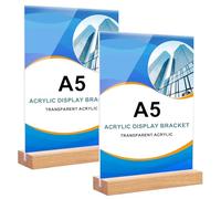 NLONLL 2 Pezzi Espositore Plexiglass A5 Porta Menu da Tavolo Legno Verticale Trasparente Porta Segnaletica in Acrilico per Ristoranti Banco da Tavolo Ufficio Negozio (21 x 15cm)