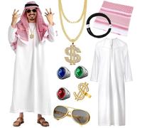 NlsqEU Costume da sceicco da uomo, costume arabo, costume da cosplay bianco con bandana, collane, occhiali da sole, anello per carnevale, feste, cosplay