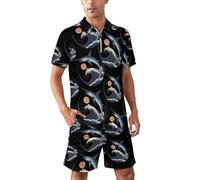 NLWQEKV Completo estivo da uomo con polo e pantaloncini, motivo marlin che salta tra le onde dell'oceano al tramonto, due pezzi.