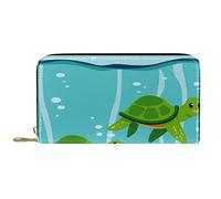 NLWQEKV Portamonete lungo in pelle con zip verde Due tartarughe marine Portafoglio in pelle con alghe oceaniche