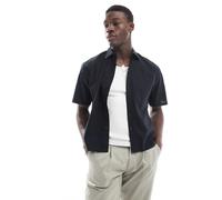 NLY & SONS - Camicia squadrata in misto lino nera-Nero S