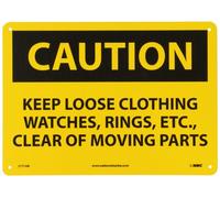 NMC C171AB OSHA Sign, Legend "CAUTION - Keep LOOSE ABBIGLIAMENTO OROLOGI ANELLI ECC., CLEAR OF MOVING PARTS", 35,6 cm Lunghezza x 25,4 cm Altezza, alluminio, nero su giallo