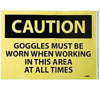NMC C501PB - Cartello OSHA, leggenda "CAUTION - occhialini devono essere indossati quando si lavora in questa zona in tutti i tempi", 35,6 cm di lunghezza x 25,4 cm di altezza, in vinile adesivo sensibile alla pressione, nero su giallo