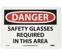 NMC D11A DANGER - Occhiali di sicurezza richiesti in questa zona - 10" x 7" cartello in alluminio con scritta in nero/bianco su base bianca/rossa
