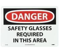 NMC D11AB DANGER - Occhiali di sicurezza richiesti in questa zona - 35,6 x 25,4 cm, cartello di pericolo in alluminio, testo nero/bianco su base bianca/rossa