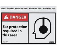 NMC DGA4AP - Segnale ANSI, Legend "DANGER - Protezione per le orecchie necessaria in questa zona." con grafica", 7,6 cm di lunghezza x 12,7 cm di altezza, vinile sensibile alla pressione, bianco su nero (confezione da 5)