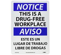 NMC ESN376AB cartello bilingue OSHA, leggenda "Avviso - This is a drug-free workplacace", 35,6 cm di lunghezza x 25,4 cm di altezza, alluminio 0,040, nero/blu su bianco