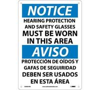 NMC ESN387RB - Cartello bilingue OSHA, leggenda "avviso - protezione dell'udito e occhiali di sicurezza devono essere indossati in questa zona", 35,6 cm di lunghezza x 25,4 cm di altezza, plastica rigida, nero/blu su bianco