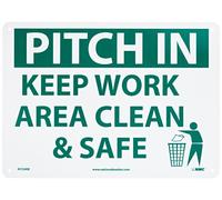 NMC M724RB - Cartello per la pulizia "PITCH IN KEEP AREA CLEAN & SAFE" con grafica, 35,6 cm di lunghezza x 25,4 cm di altezza, in polistirolo rigido, verde su bianco