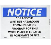 NMC N298PB - Cartello OSHA, leggenda "AVVISO - MSDS E IL PROGRAMMA DI COMUNICAZIONE PERICOLOSA SCRITTA PER QUESTO LUOGO DI LAVORO È SITUATO IN UFFICIO FOREMAN", 35,6 cm Lunghezza x 25,4 cm Altezza, Vinile sensibile alla pressione, Nero/Blu su Bianco