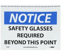 NMC NOTICE N18P - Segnaletica per occhiali di sicurezza richiesti oltre questo punto, 25,4 x 17,8 cm, in vinile con testo bianco/nero su base blu/bianca