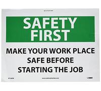 NMC SF168PB OSHA Sign, Legend "SAFETY FIRST - Make Your Work Place Safe Before start the JOB", 35,6 cm di lunghezza x 25,4 cm di altezza, vinile sensibile alla pressione, nero/verde su bianco