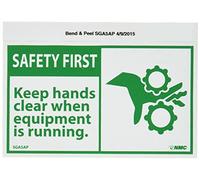 NMC SGA5AP OSHA Sign, Legend "SAFETY FIRST - Keep hands clear when equipment is running", con grafica, 12,7 cm di lunghezza x 7,6 cm di altezza, vinile sensibile alla pressione, verde su bianco (confezione da 5)