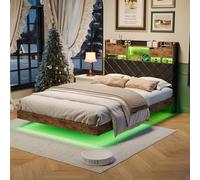 NMCXO Letto 160 x 200, letto matrimoniale 160 x 200 con rete a doghe, illuminazione a LED, multipresa e stoccaggio, testiera con contenitore nascosto, letto galleggiante imbottito, similpelle nera
