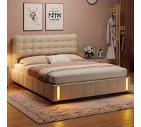 NMCXO Letto baule 140 x 190 con stoccaggio, rete a doghe, telaio letto con luce LED a sensore, letti matrimoniali 140 x 190 cm, imbottito in velluto beige, senza materasso