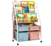 NMGHUTE Bambini Contenitori Scaffale Per Giocattoli A 5 Livelli Con 4 Contenitori Per Giocattoli Rimovibili, Libreria Con Rotelle Con Serratura E Contenitore Per Giocattoli Organizer Giochi(C)