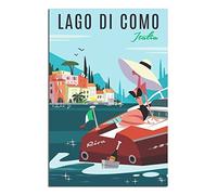 NMNM Stampa artistica da parete su tela, motivo: skyline del Lago di Como Italia, vintage, idea regalo, 40 x 60 cm