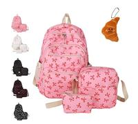 NNBWLMAEE 3 Set Bow Backpack for Girls, 3-Piece Bow Design Backpack Set, Preppy Primary Secondary Book Bag with Cross-body Bag and Small Pouch (Rose Red)