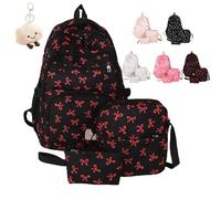 NNBWLMAEE Bow Backpack 3Pcs Set for Girls, Preppy Daypack & Shoulder Bag Handbags, Kawaii Bow Nylon School Bags Crossbody Bag, for Teen, College, Primary and Secondary (Red)