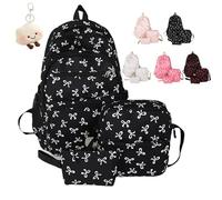 NNBWLMAEE Bow Backpack 3Pcs Set for Girls, Preppy Daypack & Shoulder Bag Handbags, Kawaii Bow Nylon School Bags Crossbody Bag, for Teen, College, Primary and Secondary (Black)