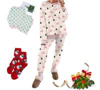 NNBWLMAEE Christmas Trees And Bows Pajama Set, Contrast Tree Print Contrast Striped Lounge Sets, Christmas Tree Print 2PCS Lounge Set (Red-L)