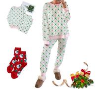 NNBWLMAEE Christmas Trees And Bows Pajama Set, Contrast Tree Print Contrast Striped Lounge Sets, Christmas Tree Print 2PCS Lounge Set (Green-M)