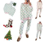 NNBWLMAEE Christmas Trees And Bows Pajama Set, Contrast Tree Print Contrast Striped Lounge Sets, Cute Bow Christmas Tree Print 2PCS Lounge Set, Xmas Trees Pajamas for Women (Green-S)