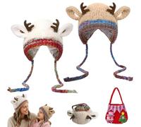 NNBWLMAEE Festive Christmas Antler Hat & Bag 2-in-1, Christmas Transformable Hat and Bag, Adjustable Women's Cute Xmas Deer Plush Hats, Xmas Warm Knitted Cap Gift for Women Girls (off-white+khaki)