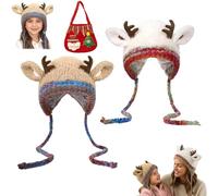 NNBWLMAEE Festive Christmas Antler Hat & Bag 2-in-1, Christmas Transformable Hat and Bag, Adjustable Women's Cute Xmas Deer Plush Hats, Cute Deer Storage Knitted Winter Hats, for Child Adult (mix)