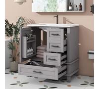 NNJN 76 x 46 x 83,5 cm, mobile da bagno con lavandino, lavabo, completamente laccato, scaffale per porta, tre cassetti silenziosi, lavabo in ceramica integrato (grigio)