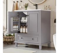 NNJN 76 x 46 x 87 cm Armadietto da pavimento con lavabo, lavabo, gambe in legno massello, materiale MDF, resistente all'umidità e all'acqua, ampio spazio di archiviazione, lavabo in ceramica integrato