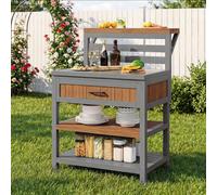 NNJN Armadio da giardino in legno per esterni, resistente alle intemperie, con piano di lavoro in acciaio inox e cassetto grande, griglia con doppio ripiano, design antiribaltamento