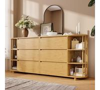 NNJN Cassettiera in rovere 160 cm, design romano con colonne e ripiani in bambù, 6 cassetti e mensole aperte, piedini regolabili in altezza, altezza H75/B160/T40 cm